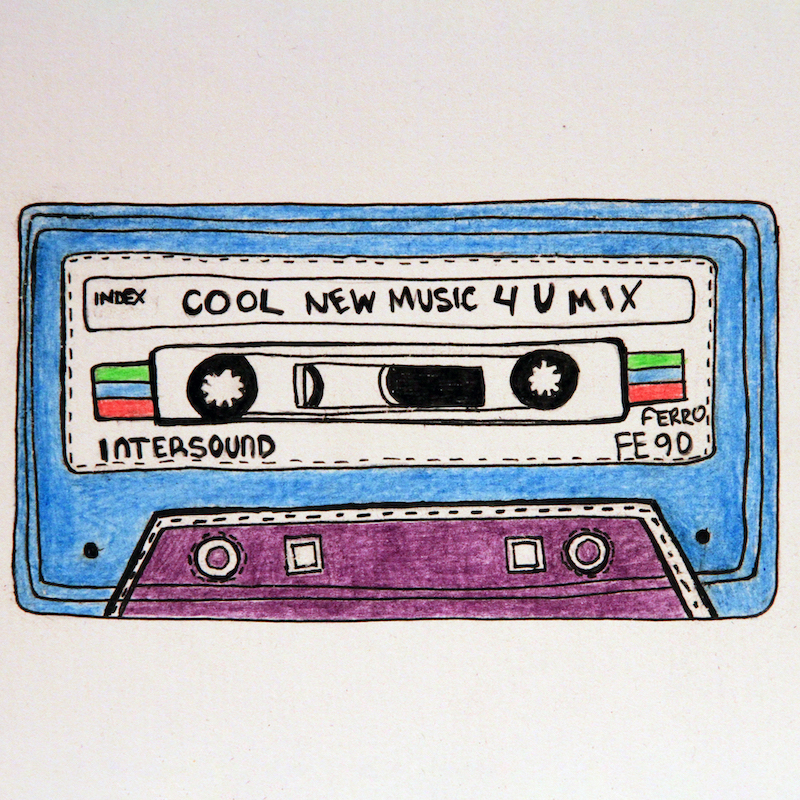 An illustration of a cassette tape. The label on the tape says. "Cool new music 4 u"